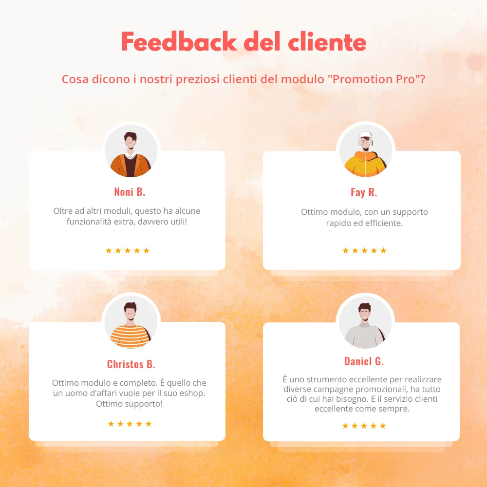 Feedback dei clienti sul nostro modulo di promozione PrestaShop