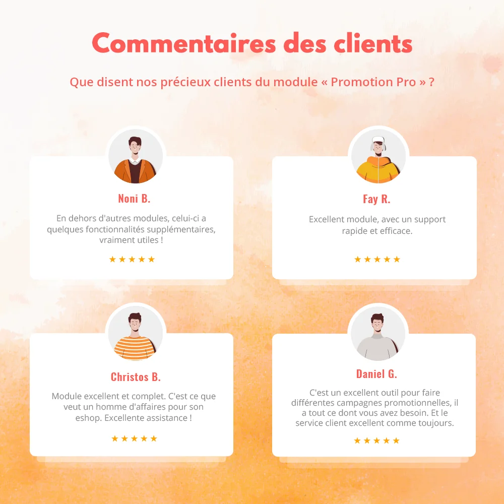 Témoignages des clients concernant notre module de promotion PrestaShop
