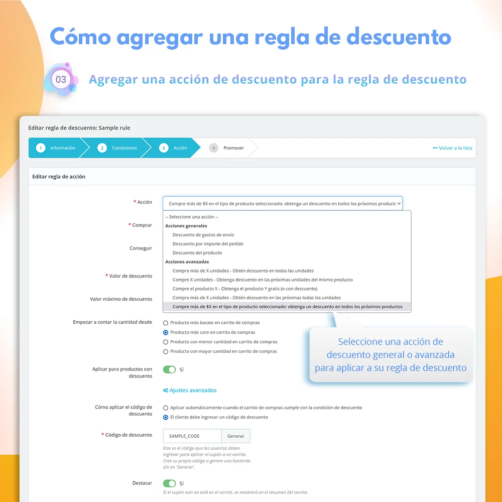 Paso 3: Agregar una acción de descuento para la regla de descuento