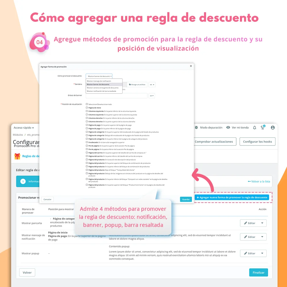 Paso 4: Agregar métodos de promoción para la regla de descuento y su posición de visualización