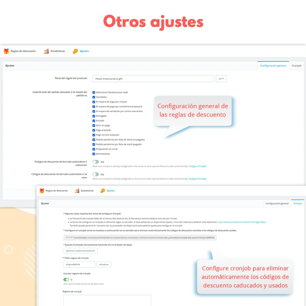 Otras configuraciones del módulo de descuento de PrestaShop