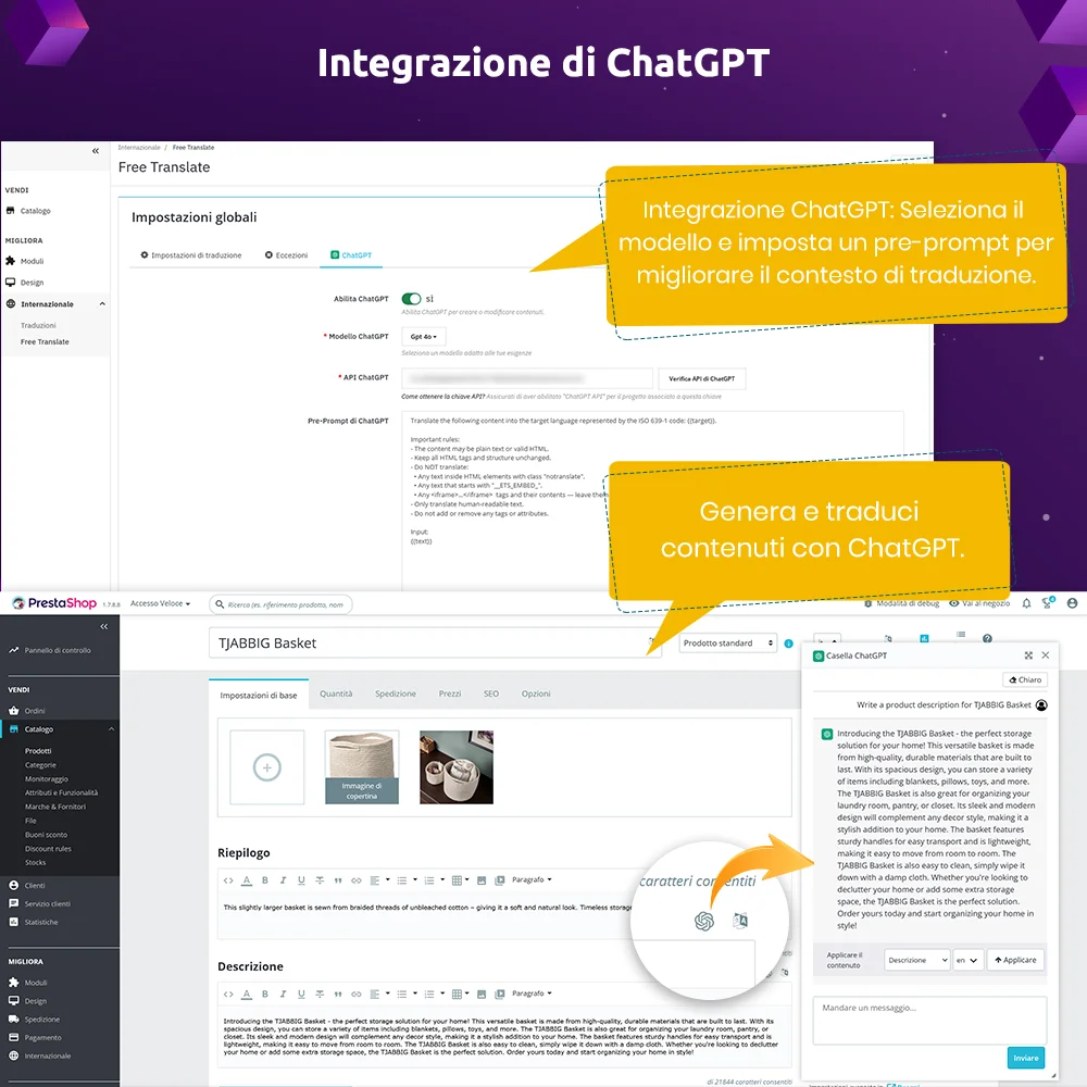 Il modulo di traduzione automatica di PrestaShop supporta la traduzione di ChatGPT