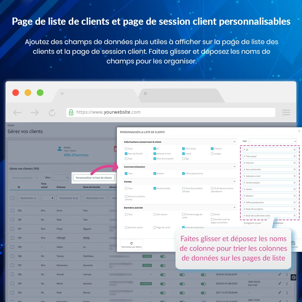Customizable customer listing page and customer session page