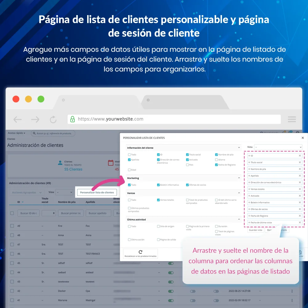 Customizable customer listing page and customer session page