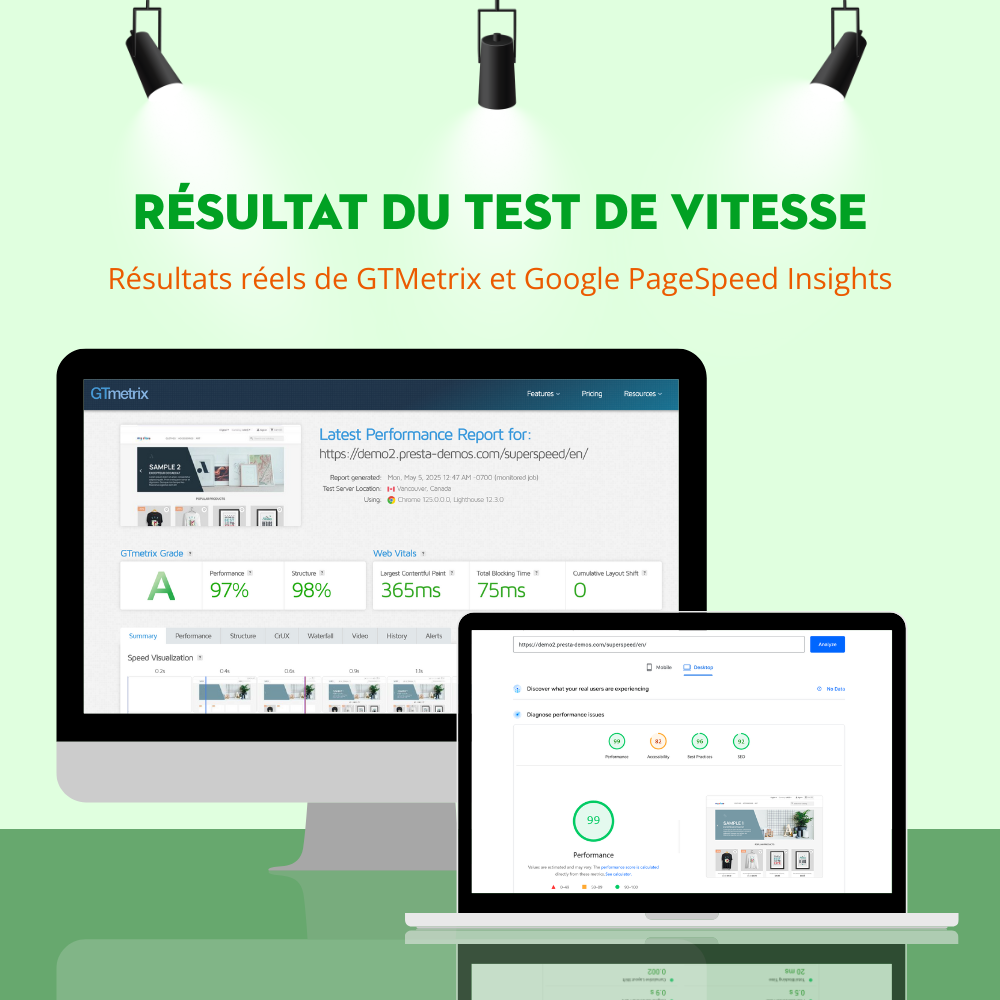 Résultats réels GTMetrix et Google PageSpeed Insights