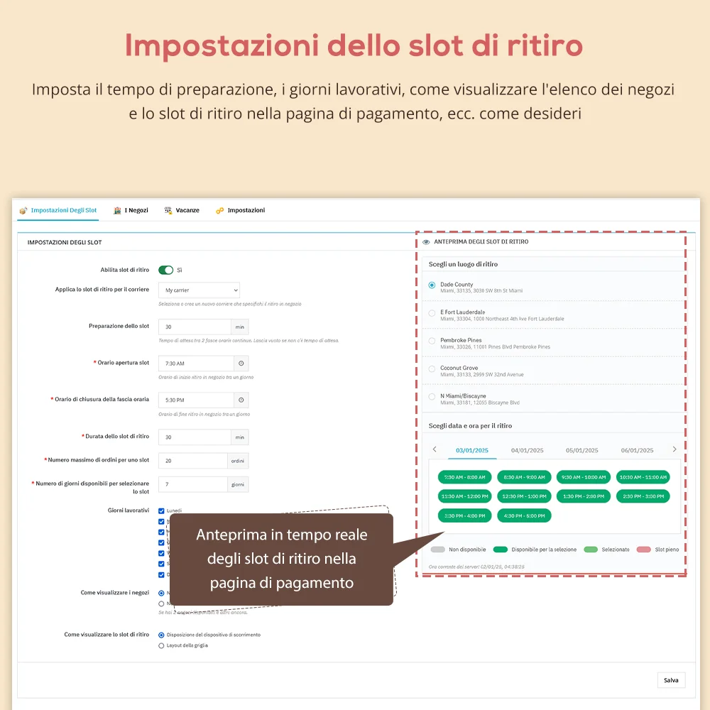 Impostazione dello slot di ritiro nel modulo di ritiro e consegna locale del Prestashop Store
