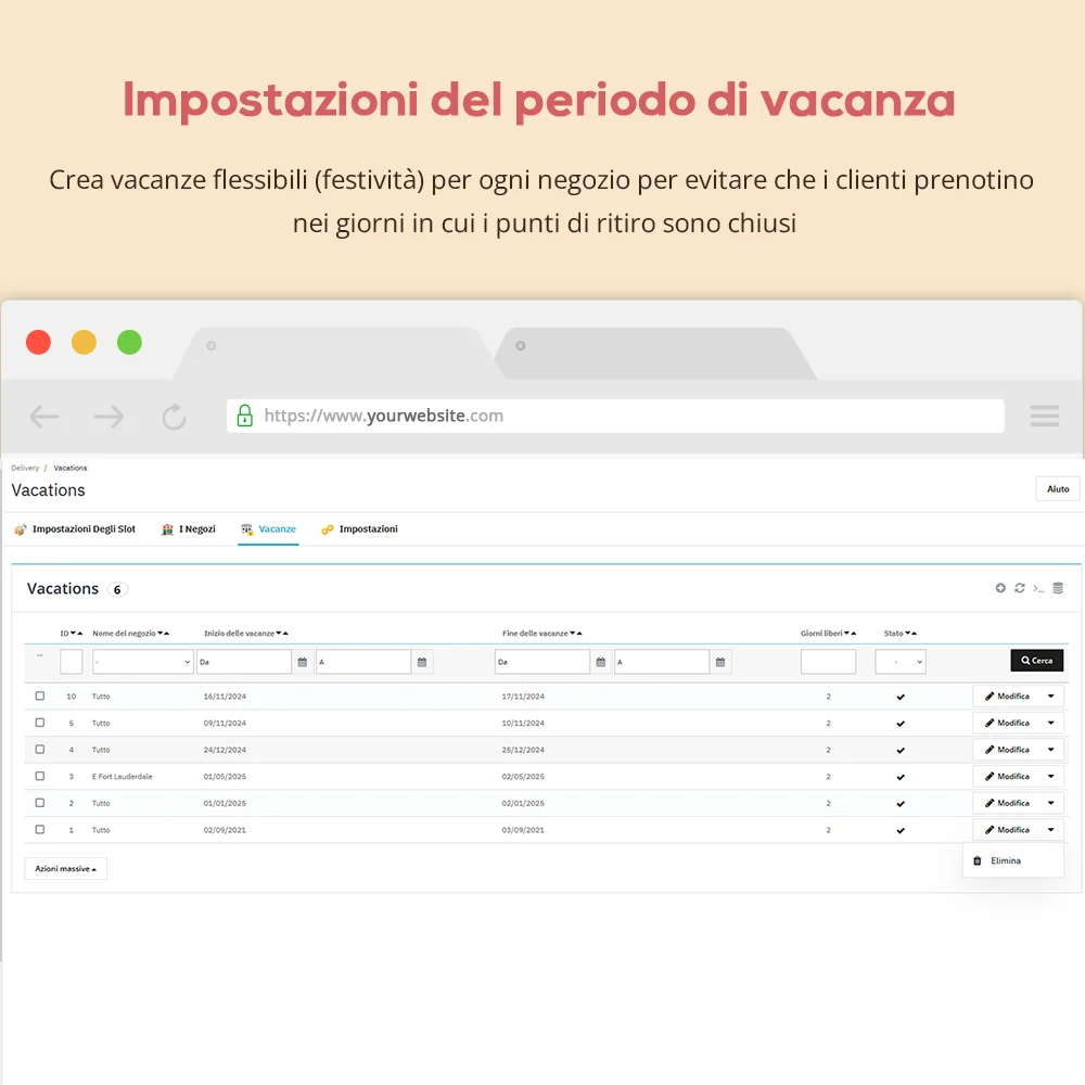 Impostazioni del periodo di ferie nel modulo di ritiro e consegna locale del Prestashop Store