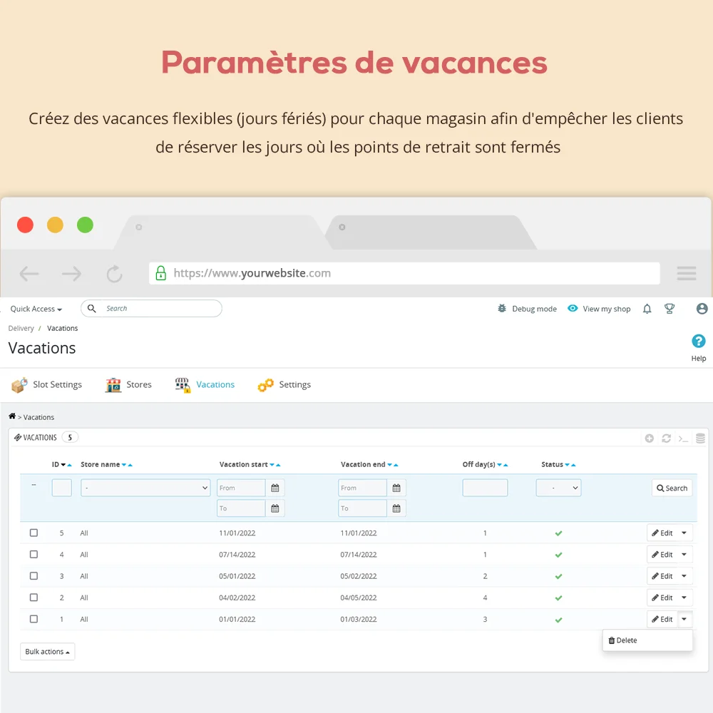 Paramètres de temps de vacances dans le module de retrait en magasin et de livraison locale de Prestashop
