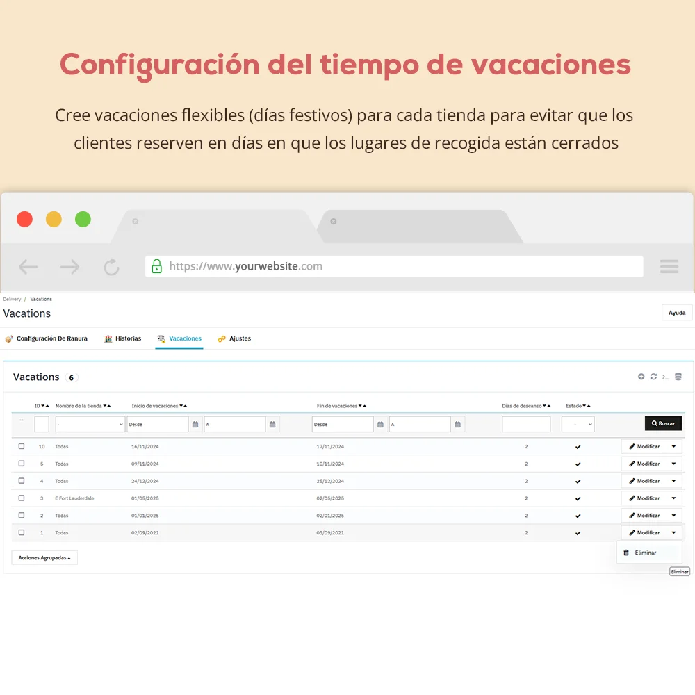 Configuración de horarios de vacaciones en el módulo de Recogida en tienda y Entrega local de Prestashop