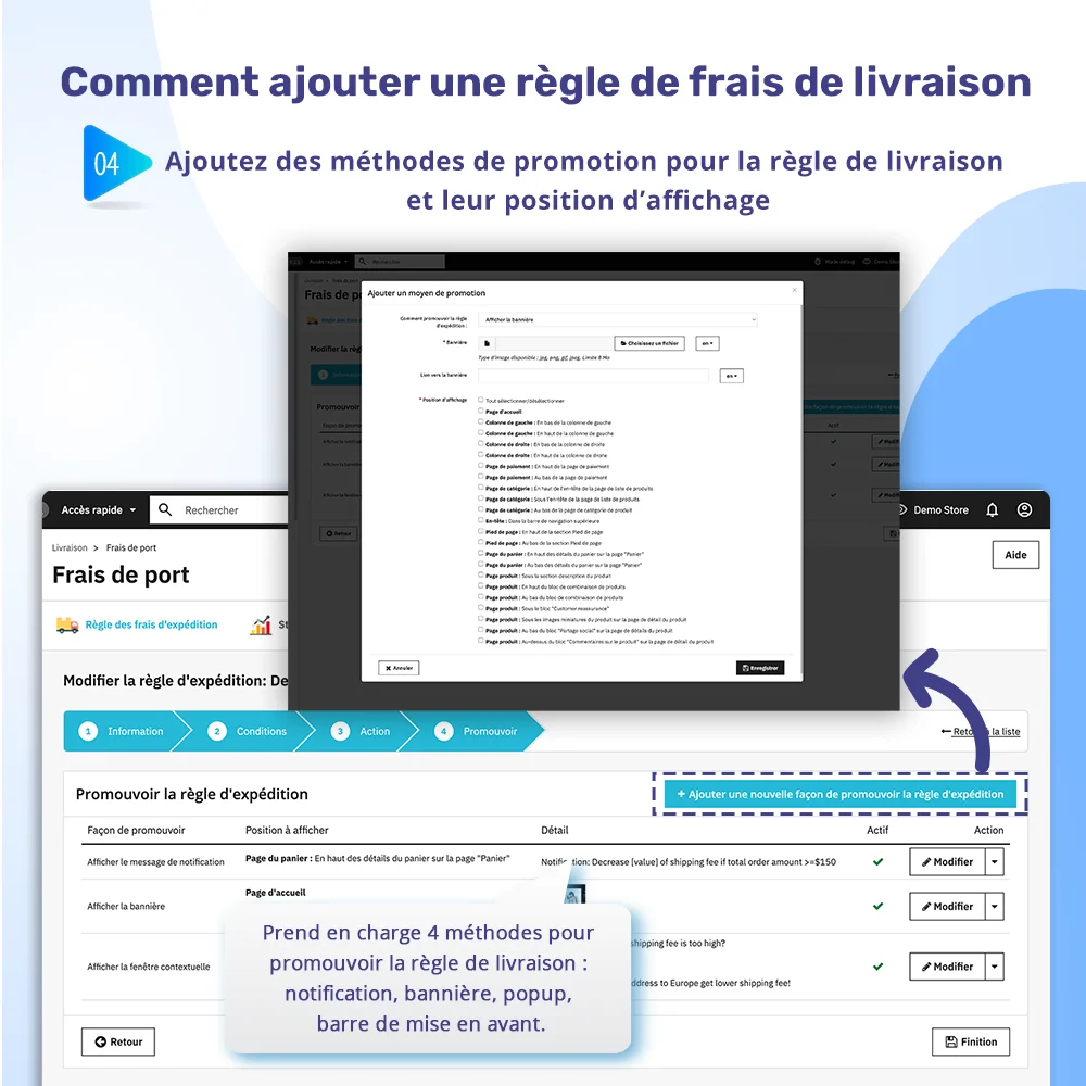 Étape 4 : Ajoutez des méthodes de promotion pour la règle de livraison et leur position d'affichage