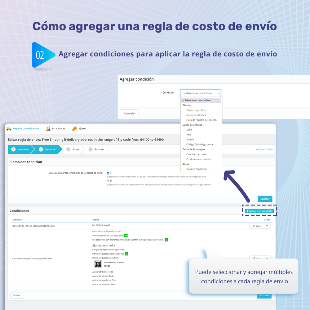 Paso 2: Agregar condiciones para aplicar la regla de costos de envío