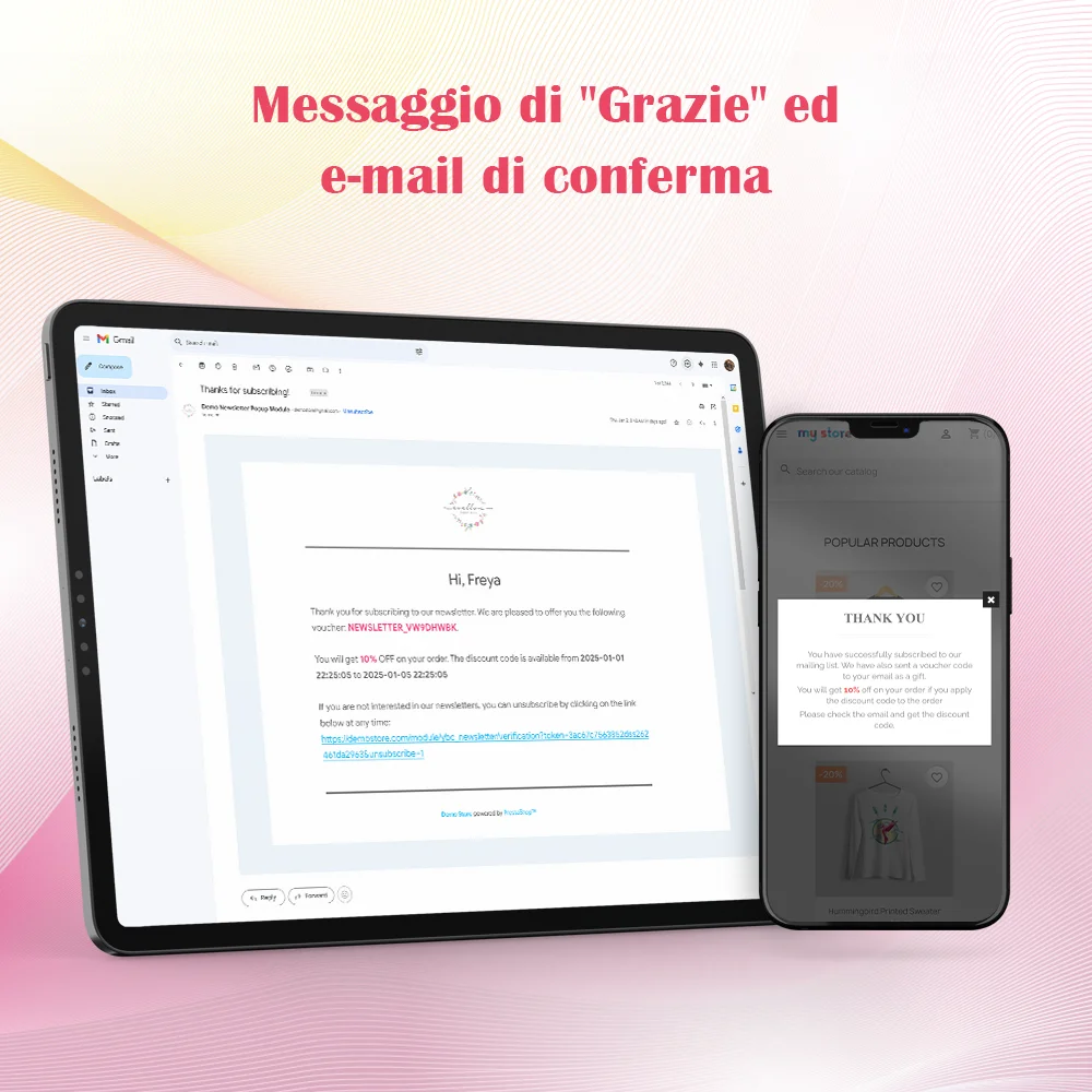 Messaggio di ringraziamento e email di conferma