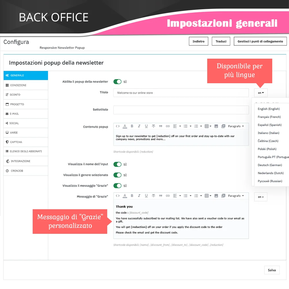 Impostazioni generali del modulo Popup Newsletter PrestaShop