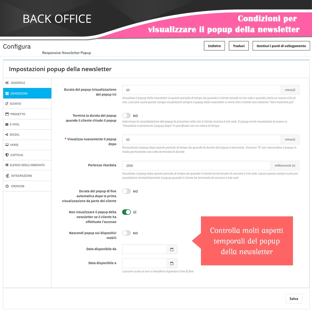 Condizioni per visualizzare il popup del newsletter
