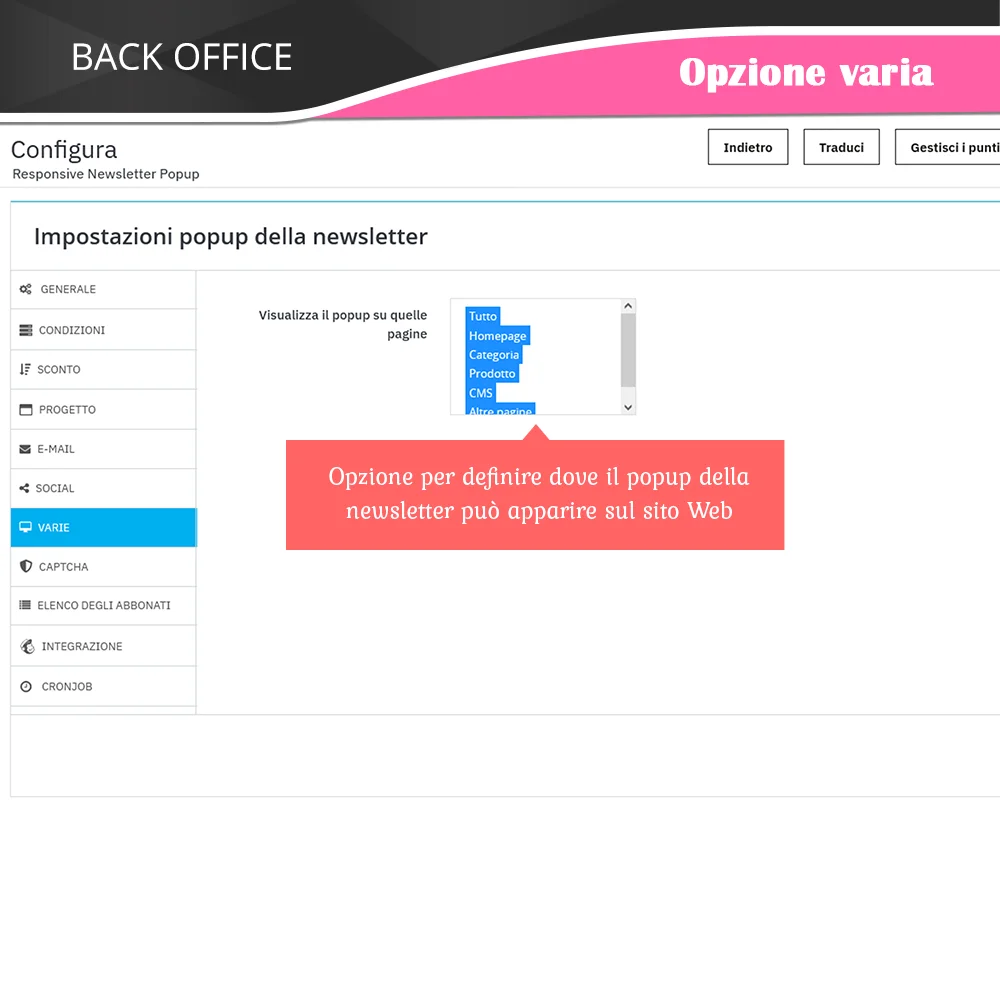Opzioni per definire dove può apparire il popup del newsletter sul sito web
