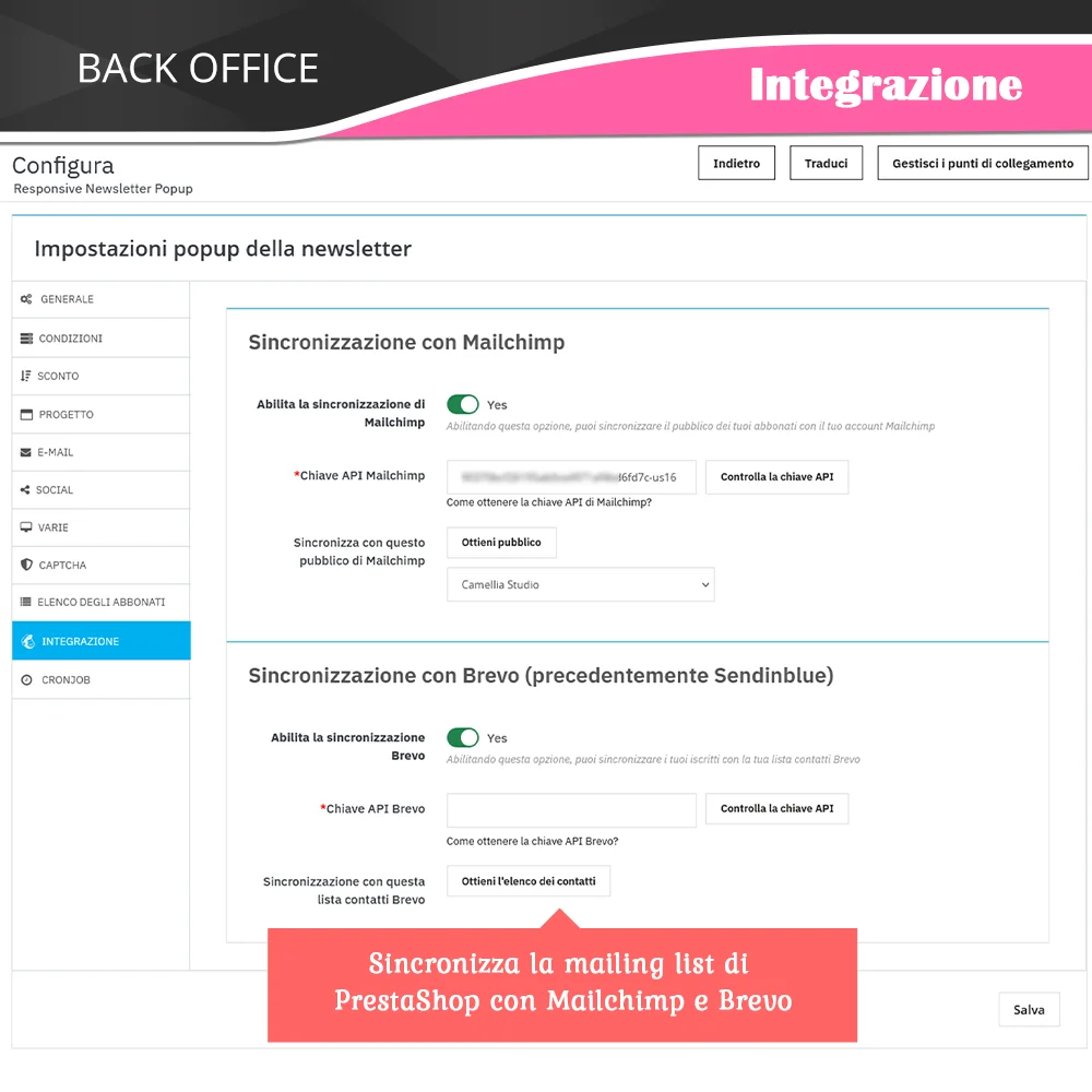 Il modulo Popup Newsletter PrestaShop sincronizza la lista di distribuzione PrestaShop con il pubblico di mailing di Mailchimp