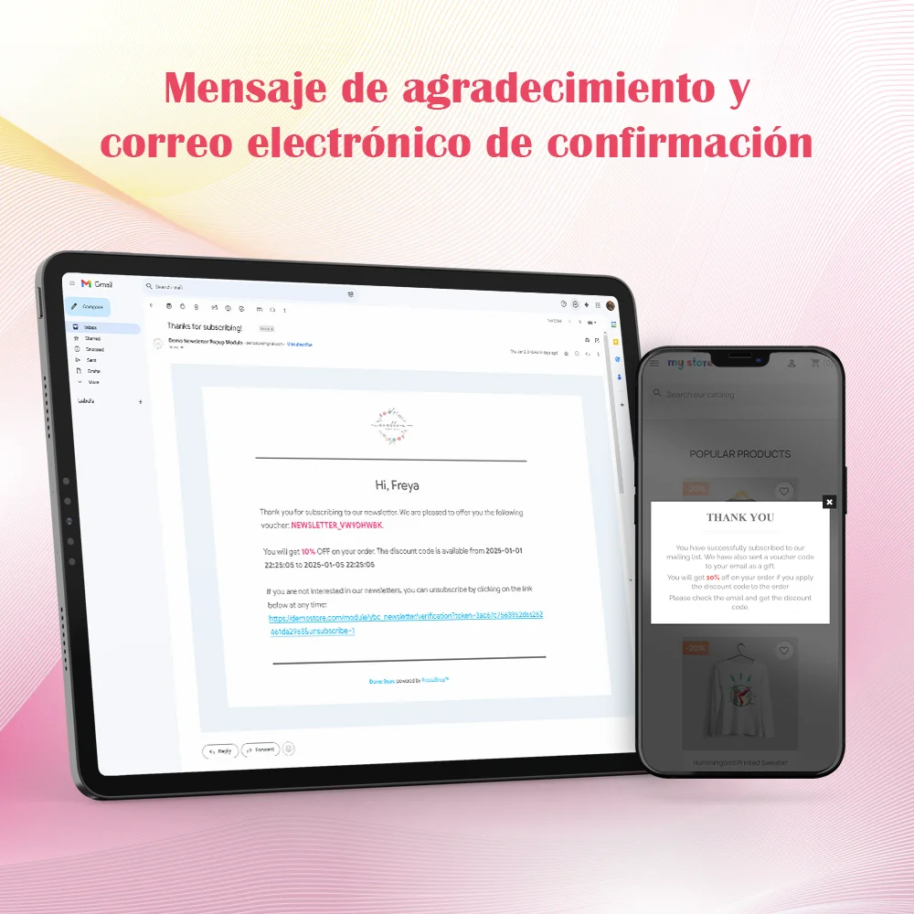 Mensaje de agradecimiento y correo electrónico de confirmación