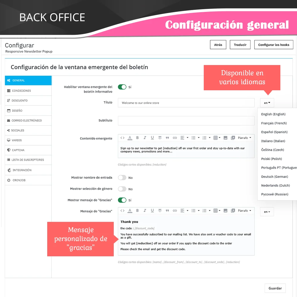 Configuración general del módulo Popup de Boletín PrestaShop