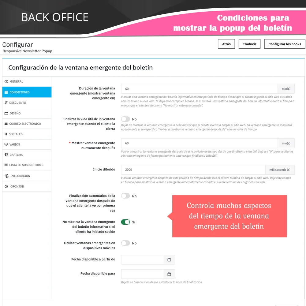 Condiciones para mostrar el popup de boletín