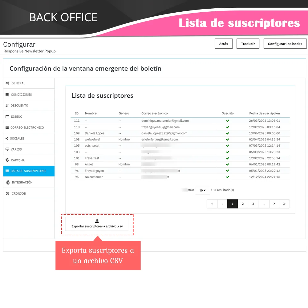 Lista de suscriptores