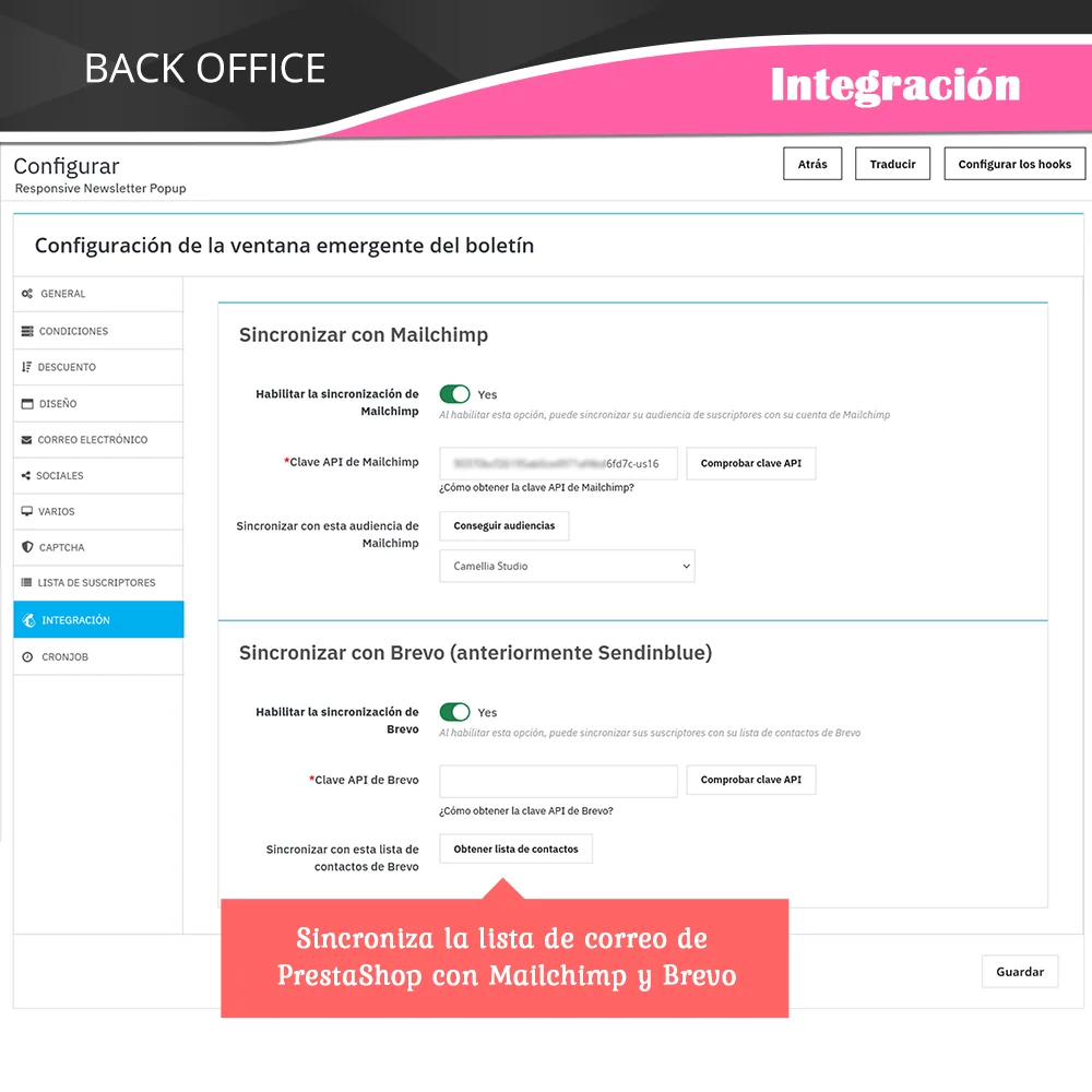 El módulo Popup de Boletín PrestaShop sincroniza la lista de suscripción de PrestaShop con la audiencia de correo de Mailchimp