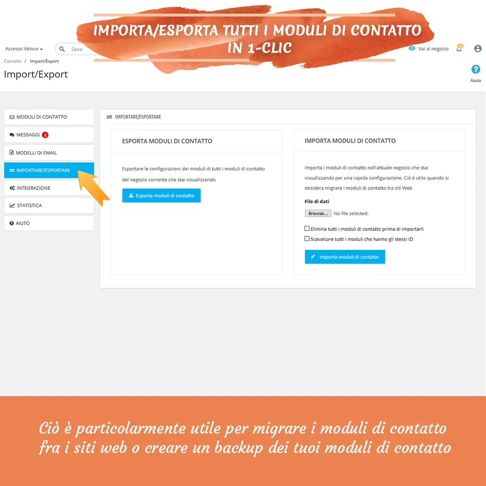 Importa/Esporta tutti i moduli di contatto in 1 clic