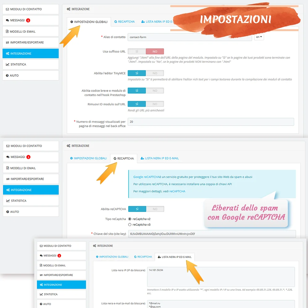 Impostazioni generali del modulo di modulo di contatto PrestaShop