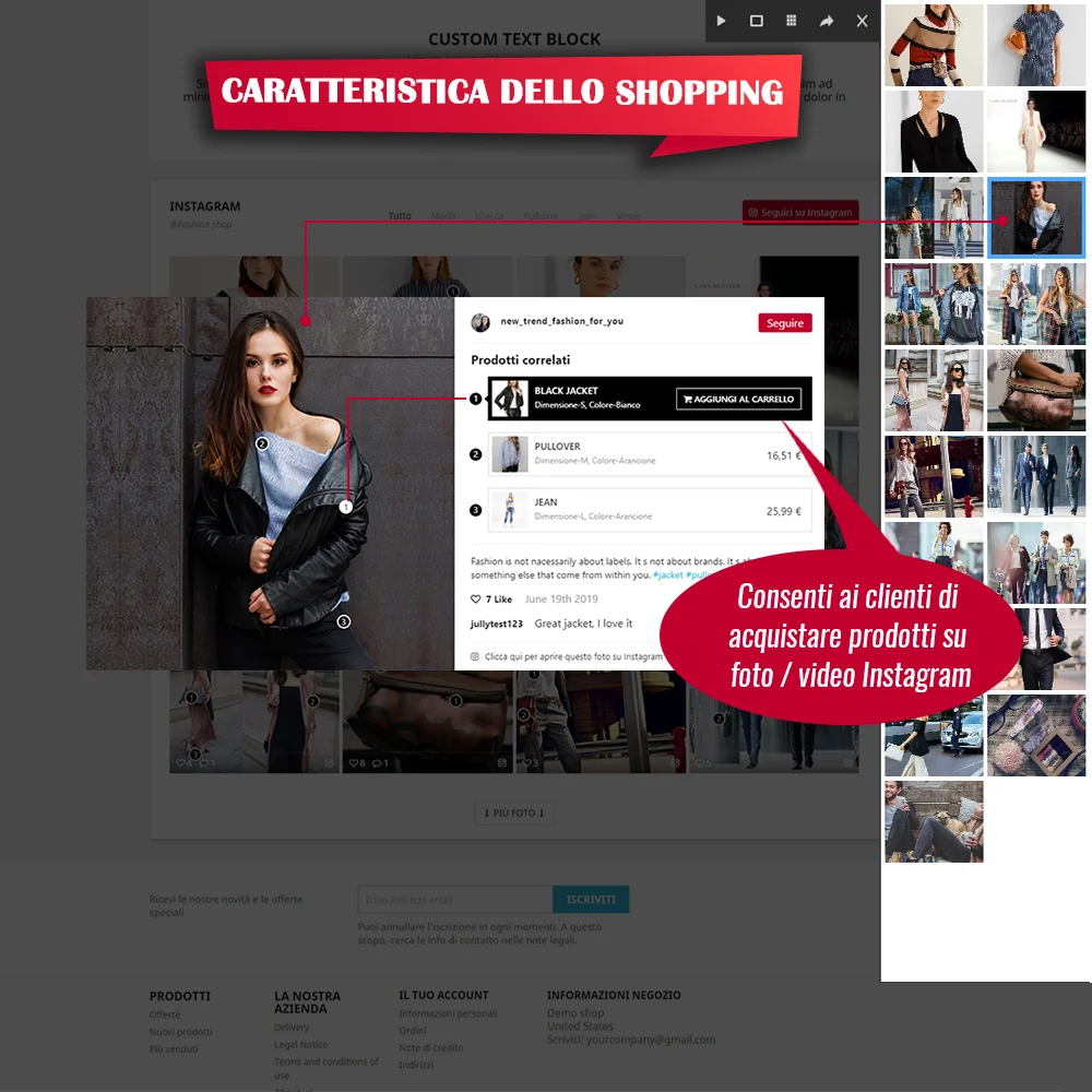 Presentazione della funzione di acquisto del modulo di Instagram per PrestaShop