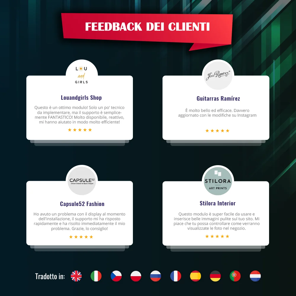Feedback dei clienti sul nostro modulo di Instagram per PrestaShop