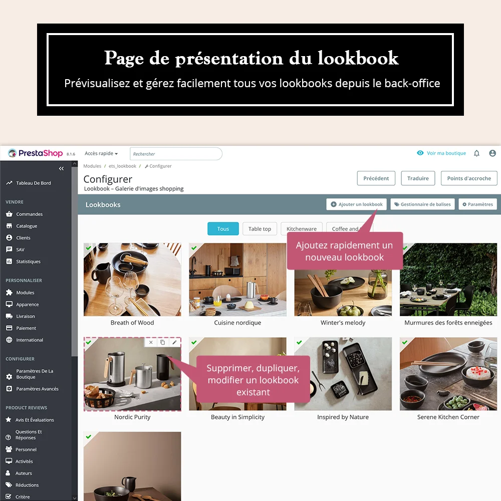 Preview and manage all lookbooks easily with PrestaShop product collection showcase module