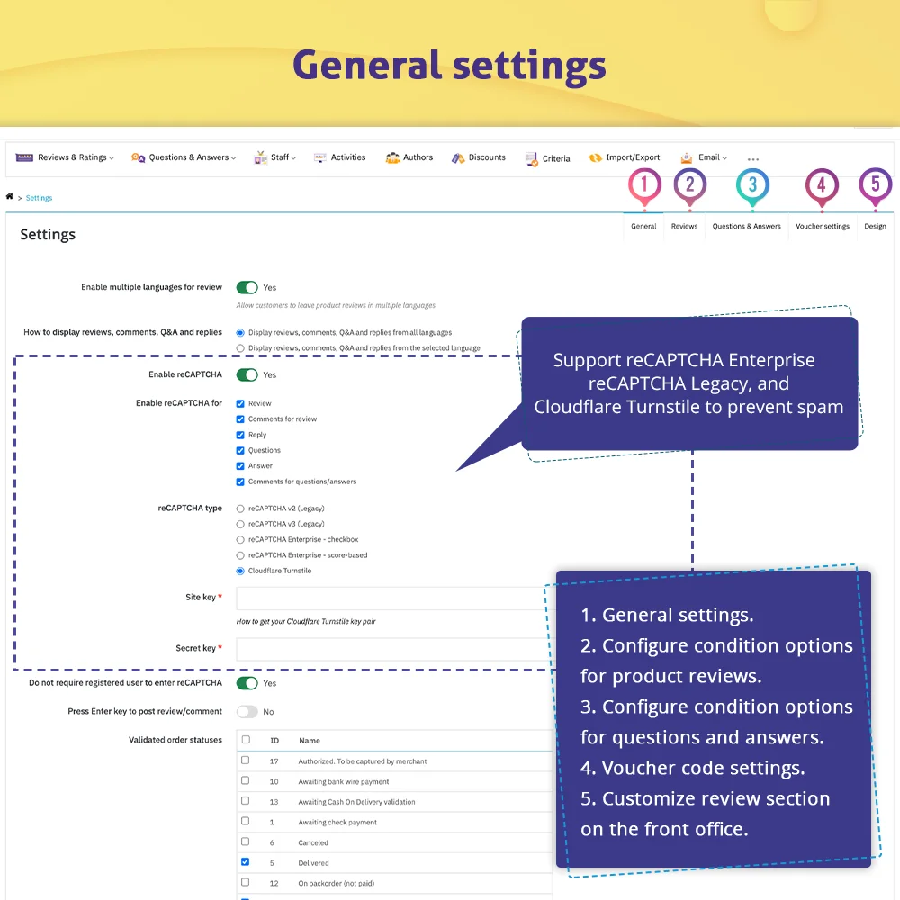 PrestaShop product reviews module's general settings