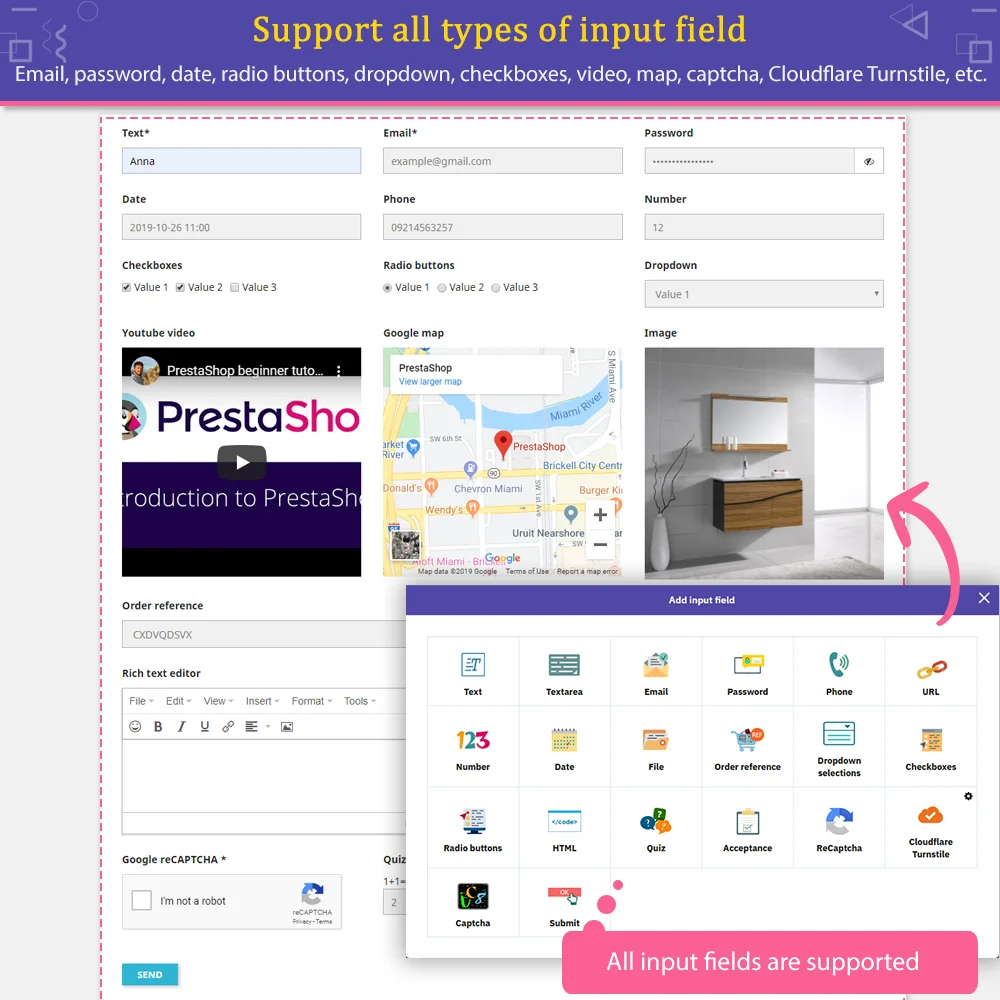 Mô-đun liên hệ PrestaShop hỗ trợ tất cả các loại trường nhập liệu
