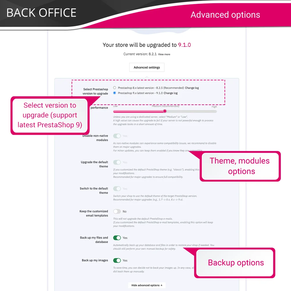 Advanced options of the PrestaShop upgrade module