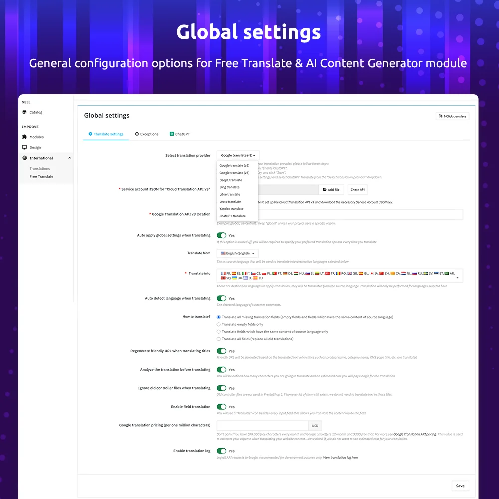 Automated PrestaShop translation module's global settings