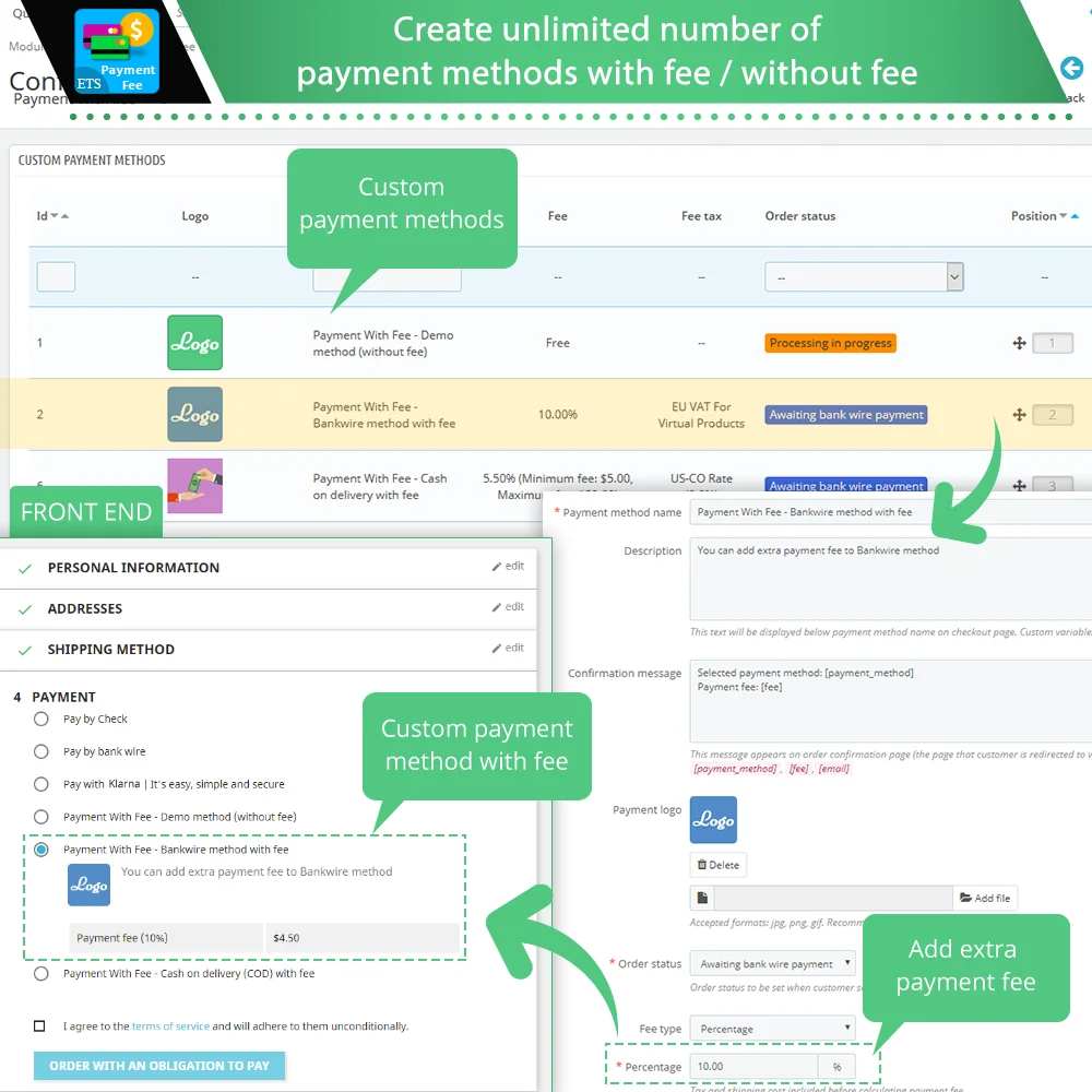 Create unlimited number of payment methods with fee/without fee