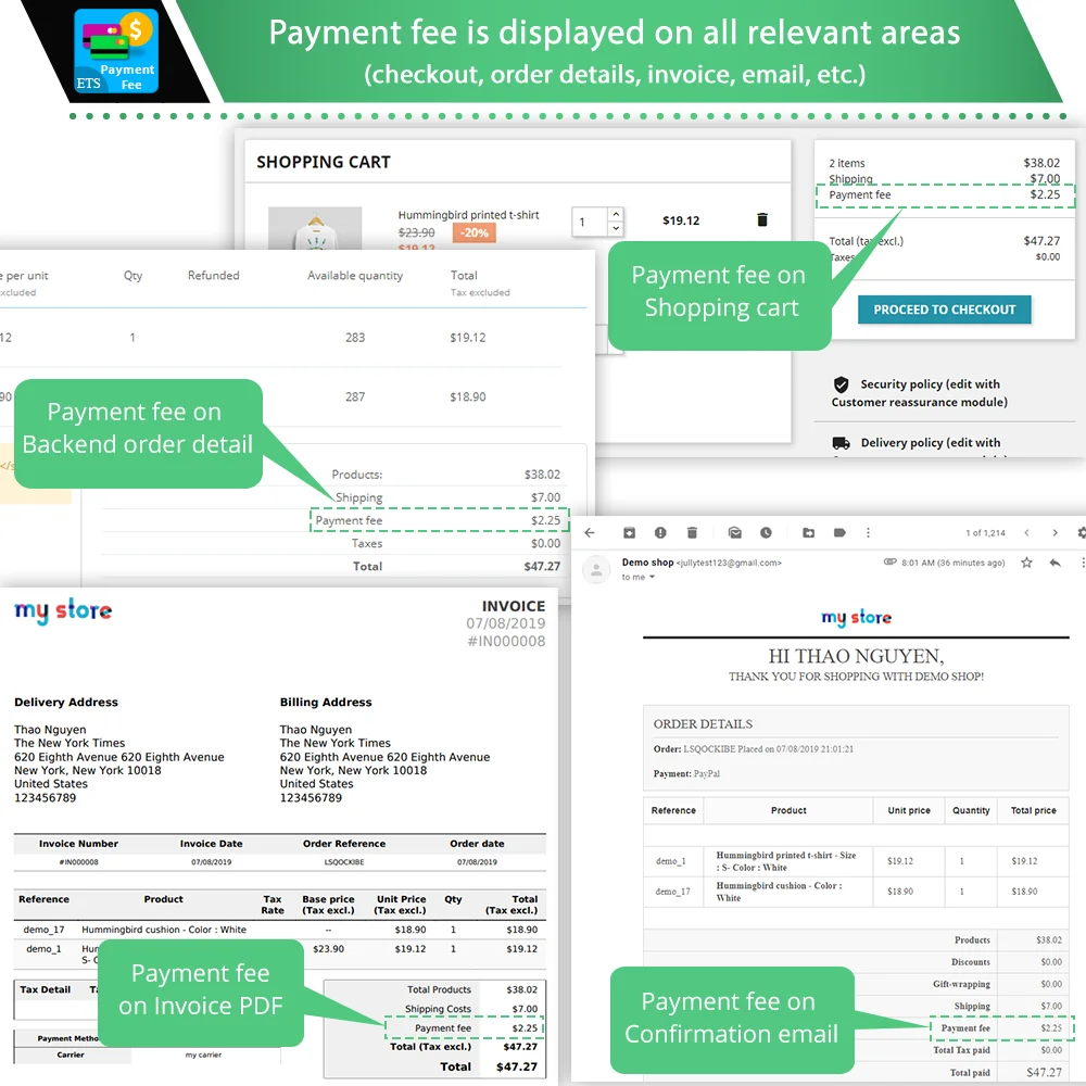 Payment fee is displayed on all relevant areas