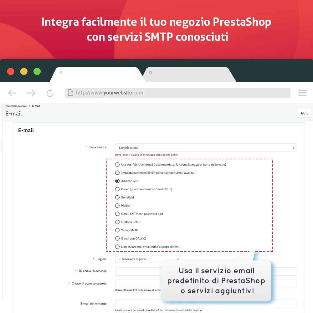 Integra facilmente il tuo negozio PrestaShop con famosi servizi SMTP