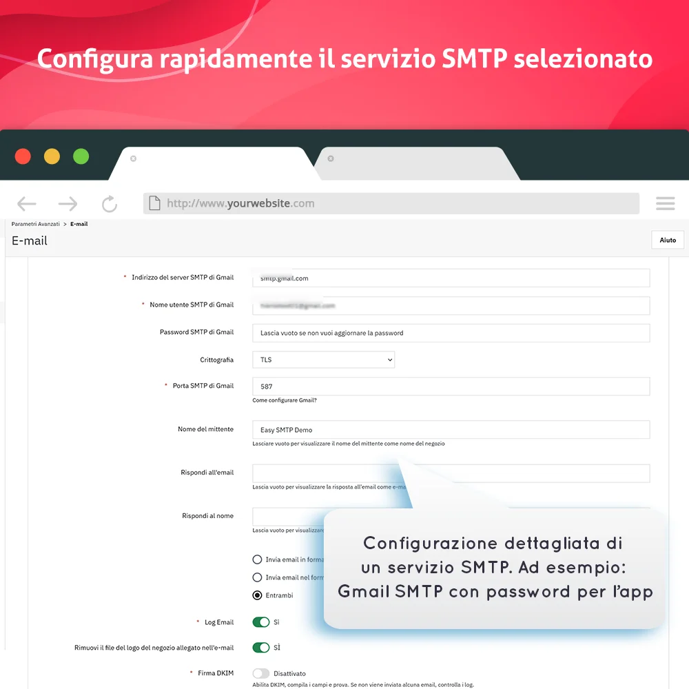Configura rapidamente i servizi SMTP selezionati