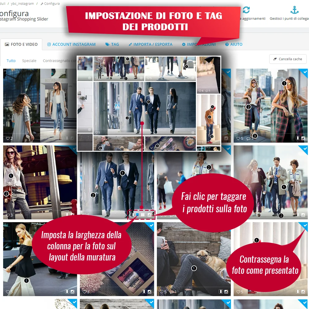 Impostazioni delle foto e dei tag dei prodotti