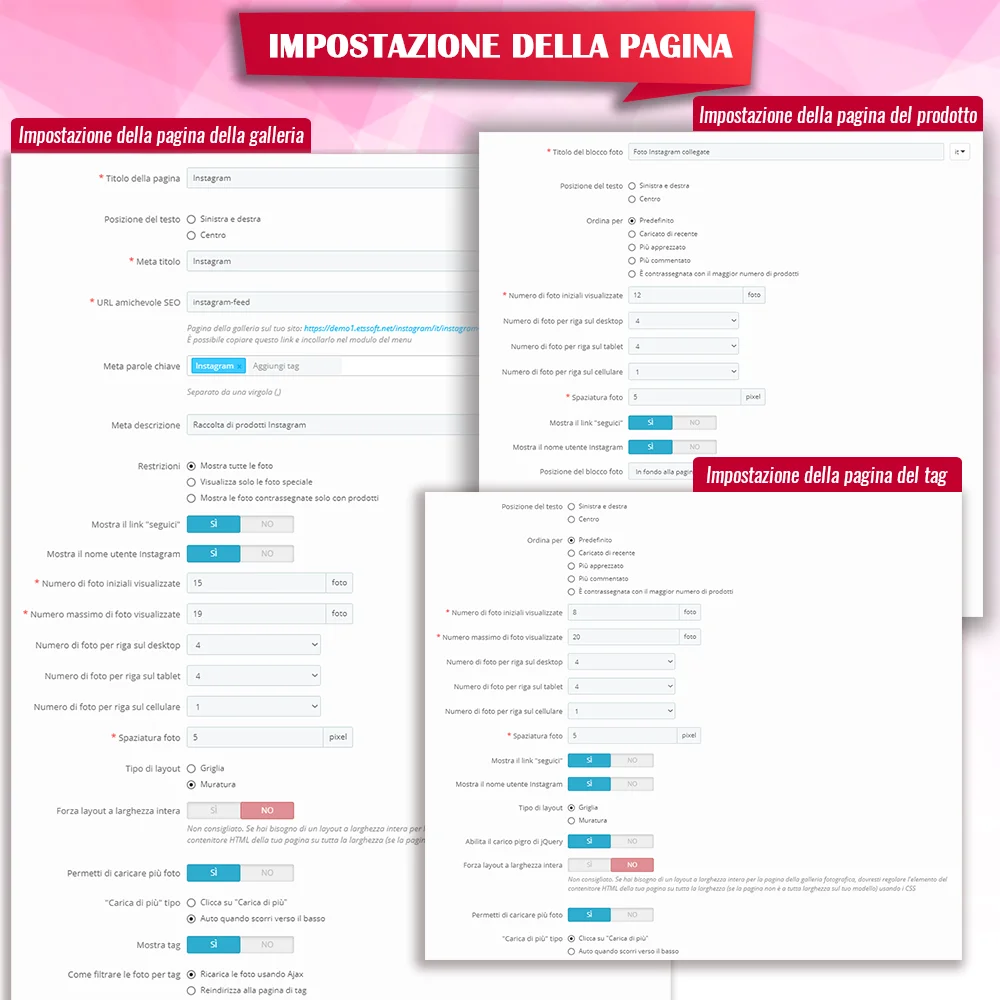 Impostazioni della pagina del modulo di Instagram per PrestaShop