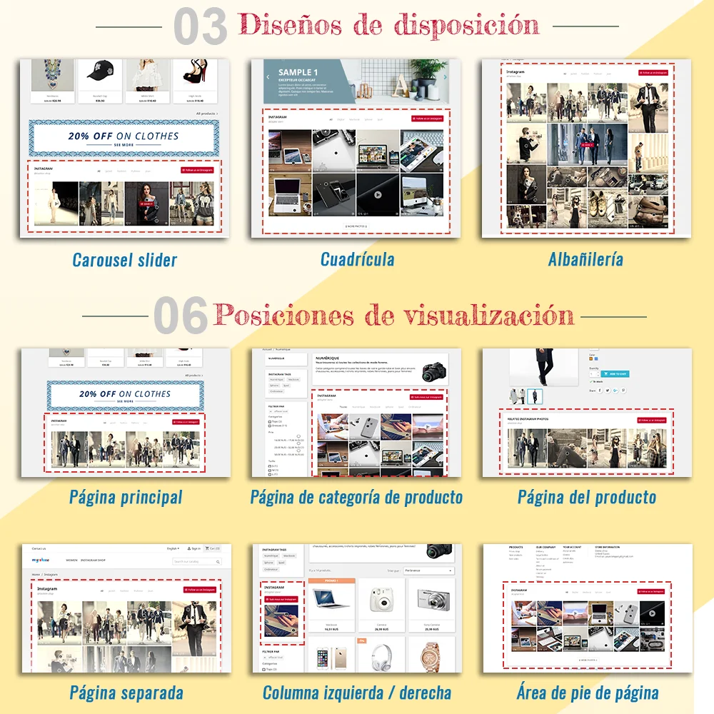 El módulo de alimentación de Instagram para PrestaShop admite 3 diseños de diseño y 6 posiciones de visualización El módulo de alimentación de Instagram para PrestaShop admite 3 diseños de diseño y 6 posiciones de visualización