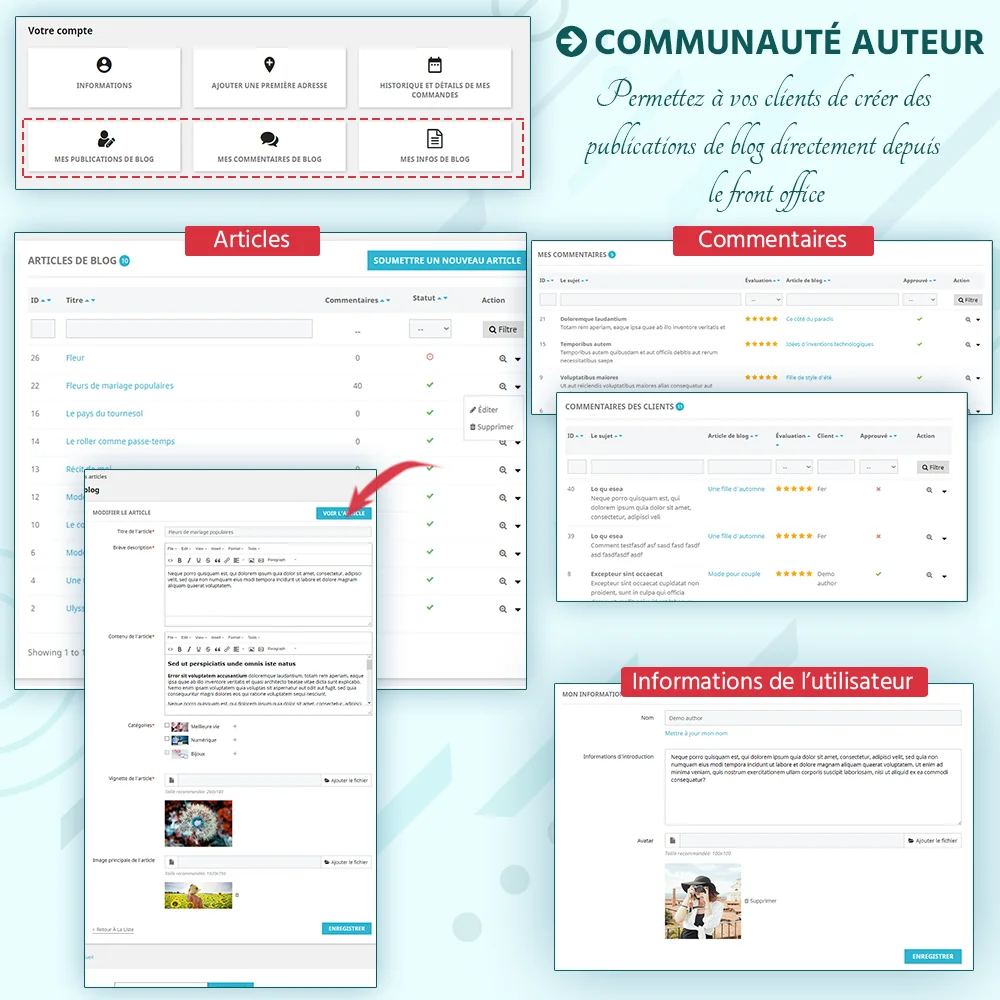 Présentation de la fonction "Auteur" : permet aux clients de soumettre des articles de blog en frontend
