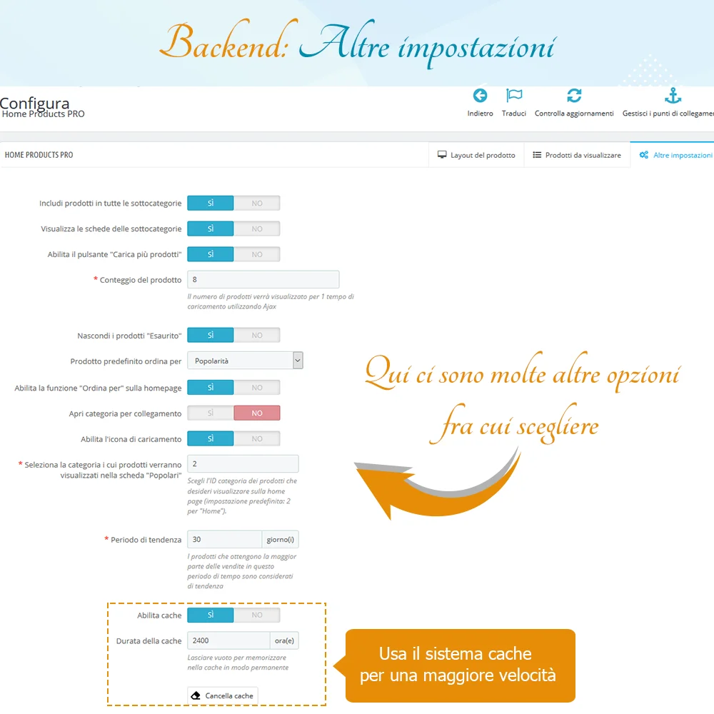 Altre impostazioni del modulo PrestaShop per i prodotti della pagina iniziale