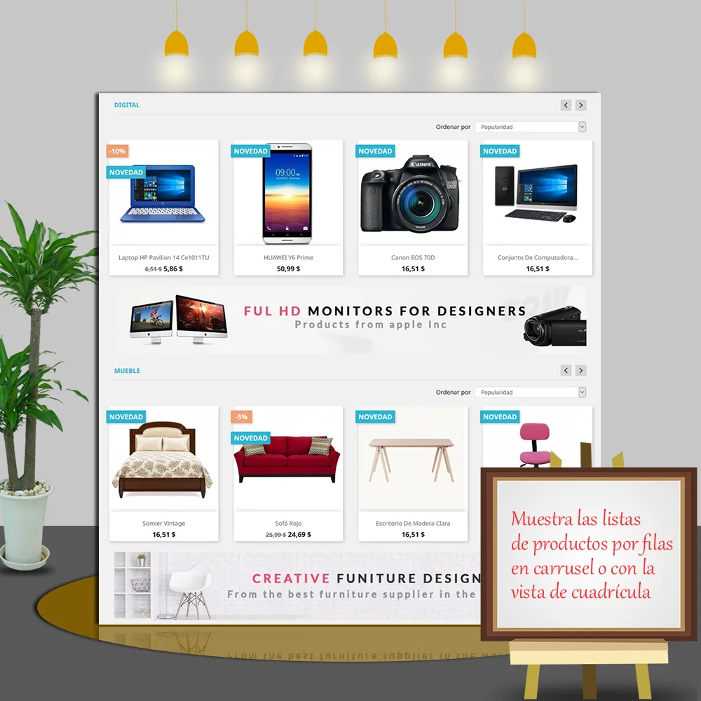 Mostrar cada lista de productos en filas con un carrusel o una vista de cuadrícula